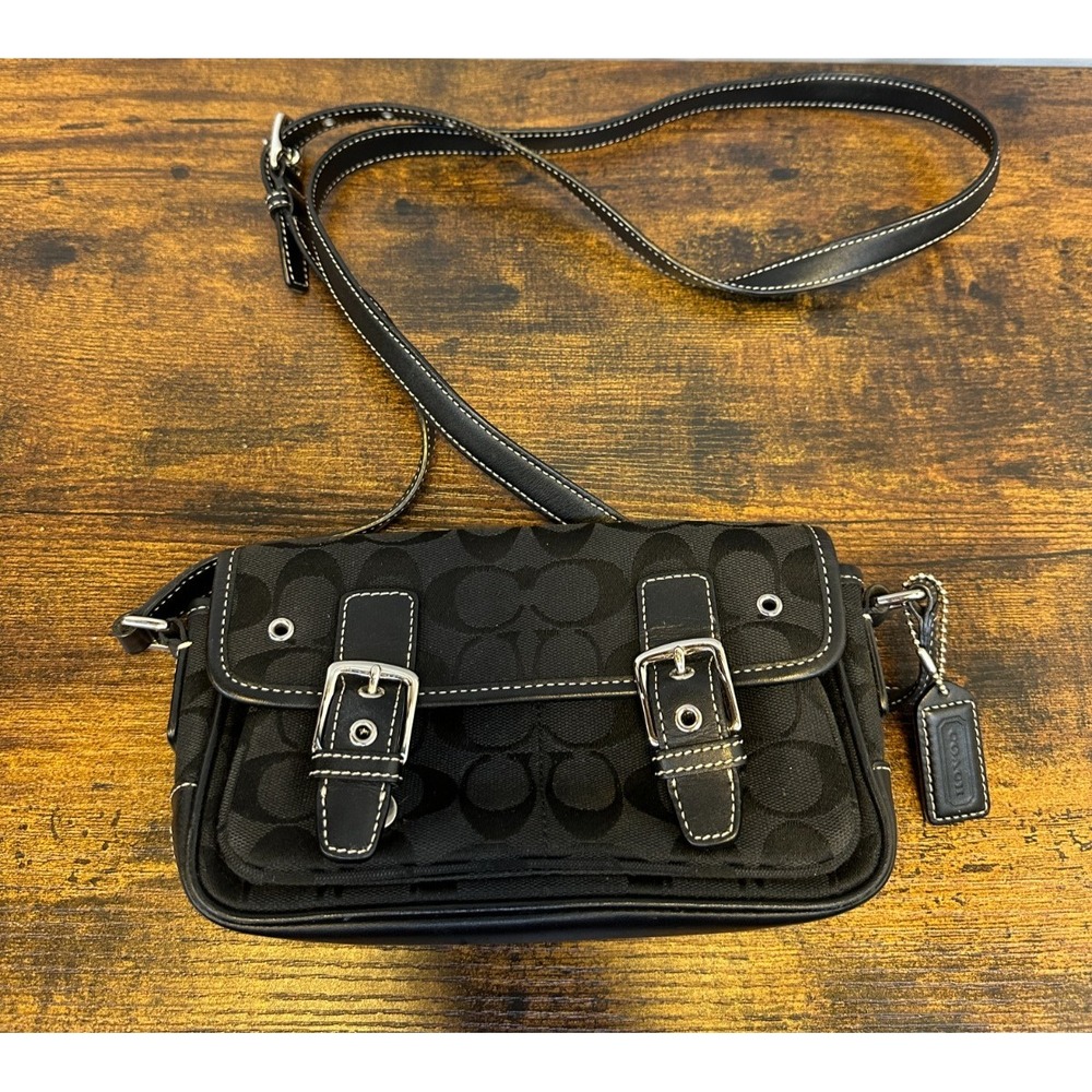 Coach Signature Mini Field Bag Black Jacquard Leather Crossbody Y2K Logo 6844 - Picture 1 of 16